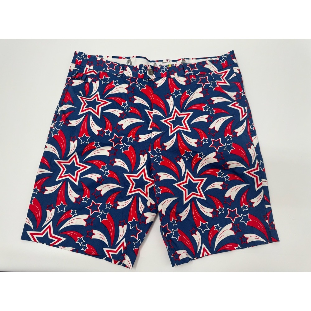 Royal & Awesome Mens Patriotic Golf Shorts 42 Red White Blue Fireworks Stars